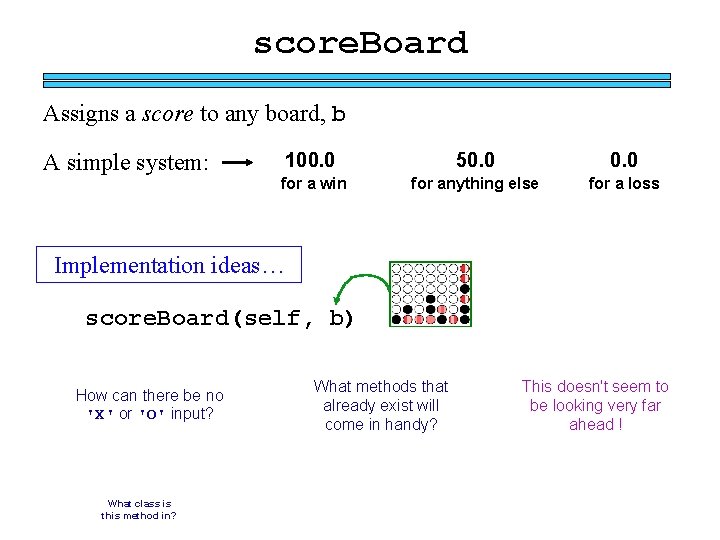 score. Board Assigns a score to any board, b A simple system: 100. 0