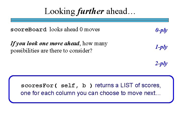 Looking further ahead… score. Board looks ahead 0 moves 0 -ply If you look