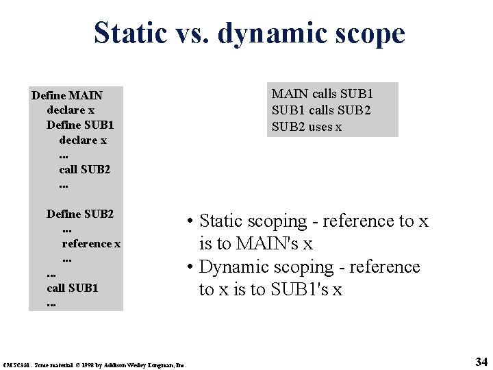 Static vs. dynamic scope Define MAIN declare x Define SUB 1 declare x. .