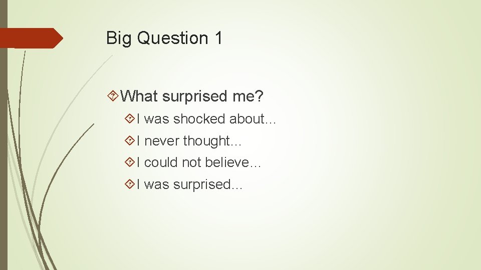 Big Question 1 What surprised me? I was shocked about… I never thought… I