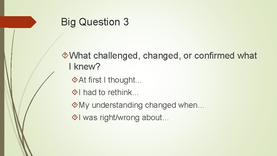 Big Question 3 What challenged, changed, or confirmed what I knew? At first I