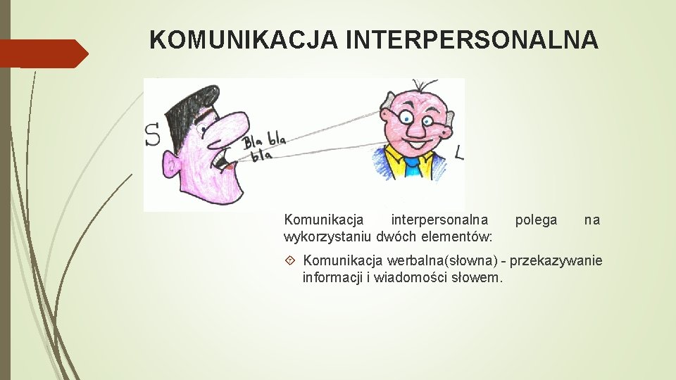 KOMUNIKACJA INTERPERSONALNA Komunikacja interpersonalna wykorzystaniu dwóch elementów: polega na Komunikacja werbalna(słowna) - przekazywanie informacji