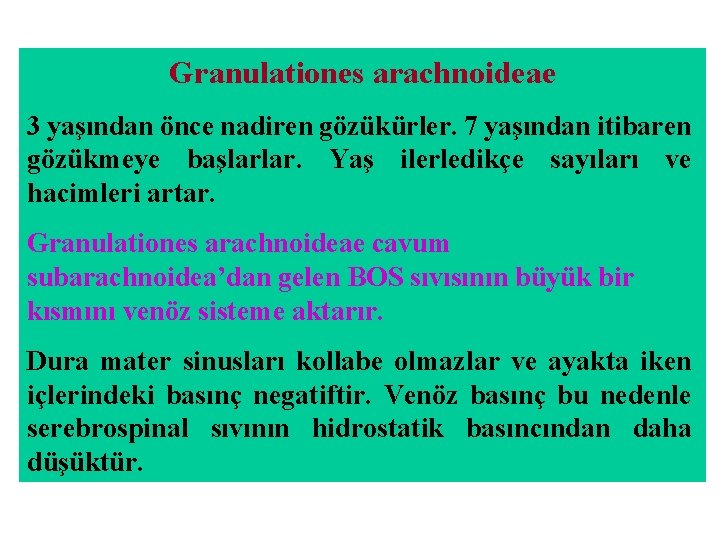 Granulationes arachnoideae 3 yaşından önce nadiren gözükürler. 7 yaşından itibaren gözükmeye başlarlar. Yaş ilerledikçe Granulationes arachnoideae 3 yaşından önce nadiren gözükürler. 7 yaşından itibaren gözükmeye başlarlar. Yaş ilerledikçe