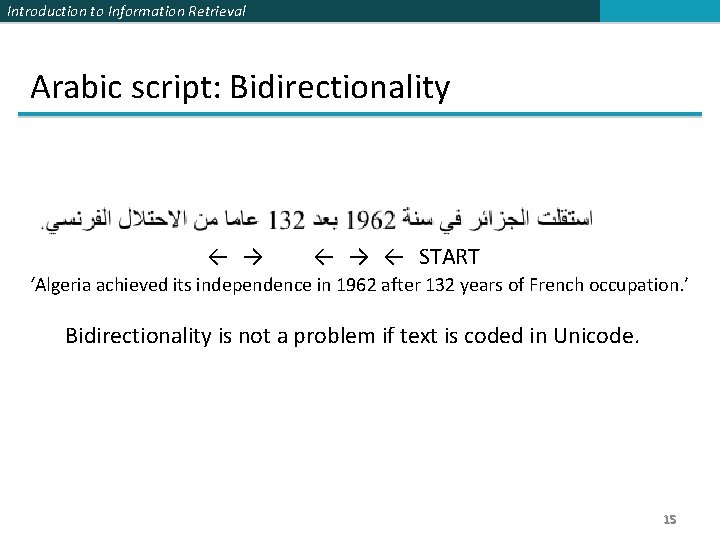 Introduction to Information Retrieval Arabic script: Bidirectionality ← → ← START ‘Algeria achieved its
