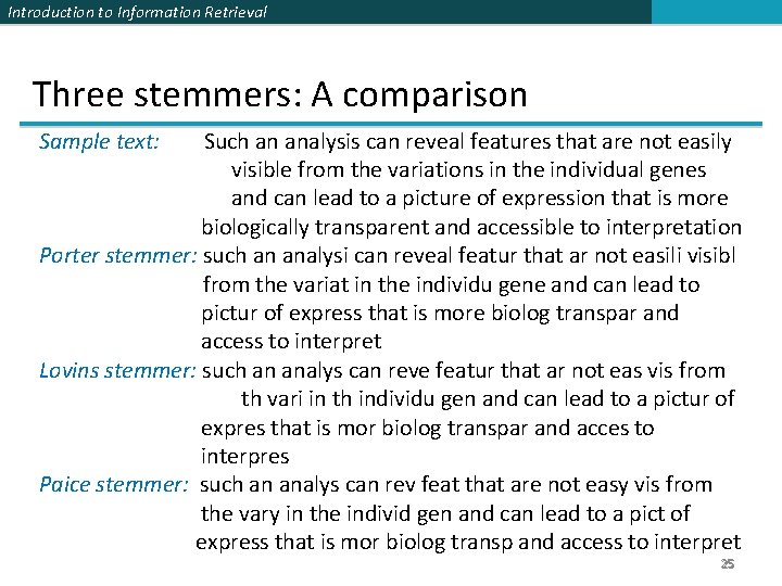 Introduction to Information Retrieval Three stemmers: A comparison Sample text: Such an analysis can