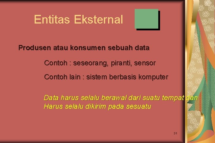 Entitas Eksternal Produsen atau konsumen sebuah data Contoh : seseorang, piranti, sensor Contoh lain