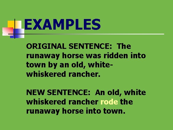 EXAMPLES ORIGINAL SENTENCE: The runaway horse was ridden into town by an old, whitewhiskered