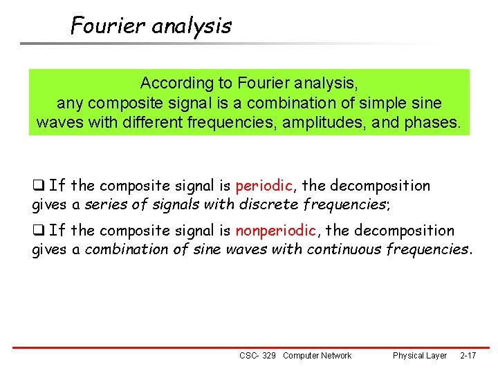 Fourier analysis According to Fourier analysis, any composite signal is a combination of simple