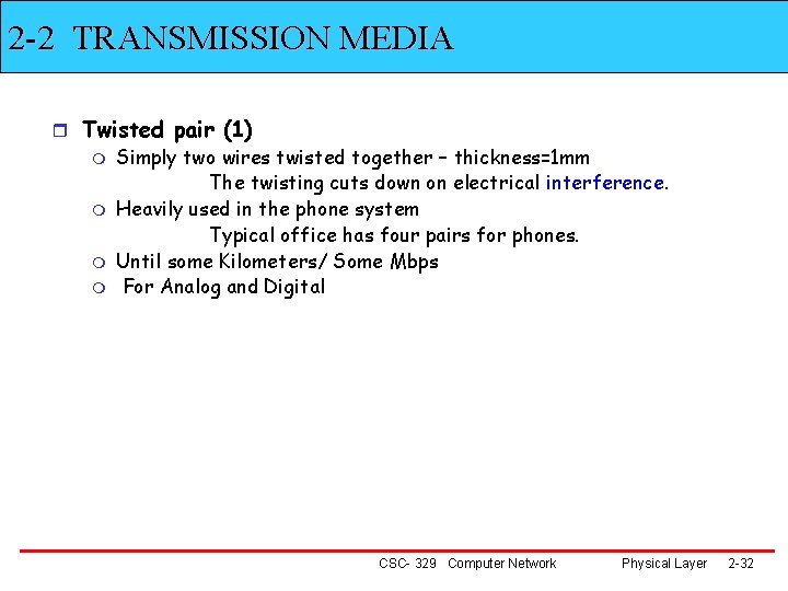 2 -2 TRANSMISSION MEDIA r Twisted pair (1) m Simply two wires twisted together
