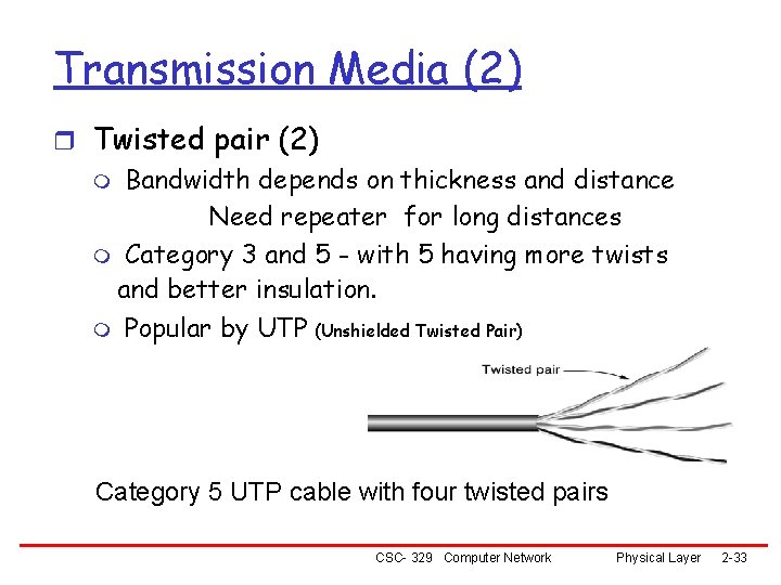 Transmission Media (2) r Twisted pair (2) m Bandwidth depends on thickness and distance