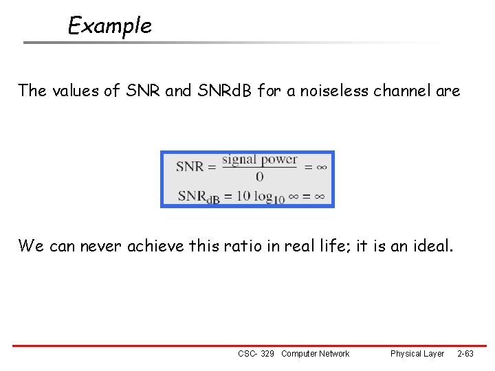 Example The values of SNR and SNRd. B for a noiseless channel are We