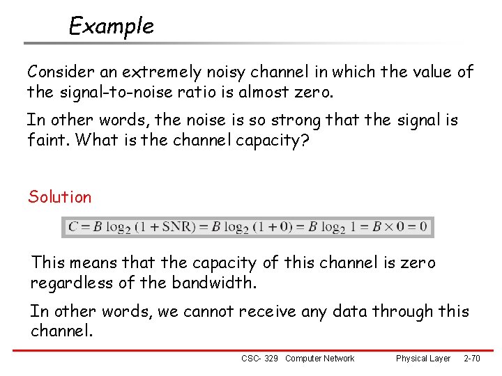 Example Consider an extremely noisy channel in which the value of the signal-to-noise ratio