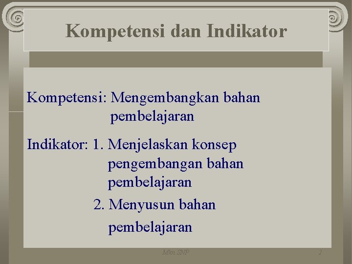 Kompetensi dan Indikator Kompetensi: Mengembangkan bahan pembelajaran Indikator: 1. Menjelaskan konsep pengembangan bahan pembelajaran
