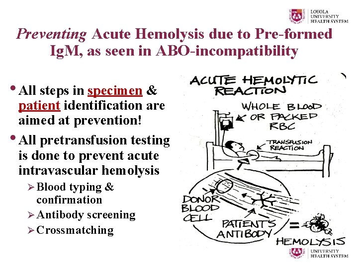 Preventing Acute Hemolysis due to Pre-formed Ig. M, as seen in ABO-incompatibility • All