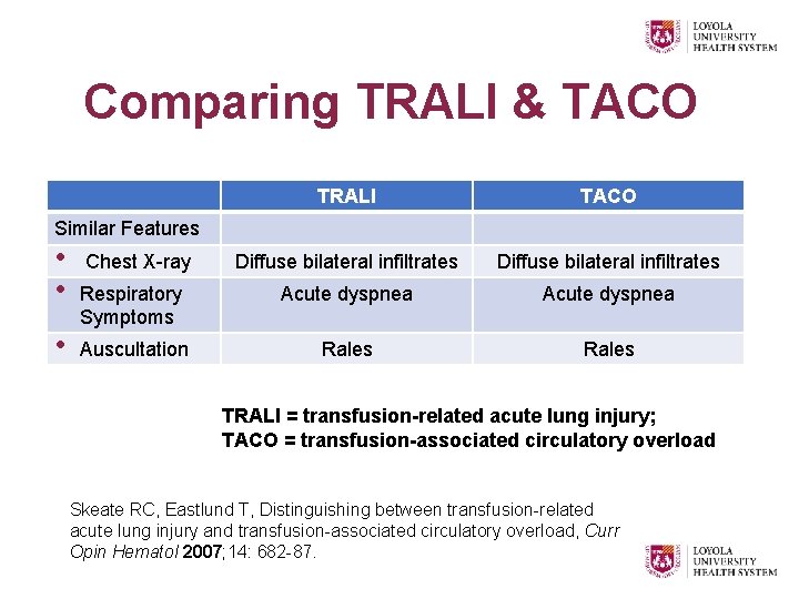 Comparing TRALI & TACO TRALI TACO Diffuse bilateral infiltrates Respiratory Symptoms Acute dyspnea Auscultation