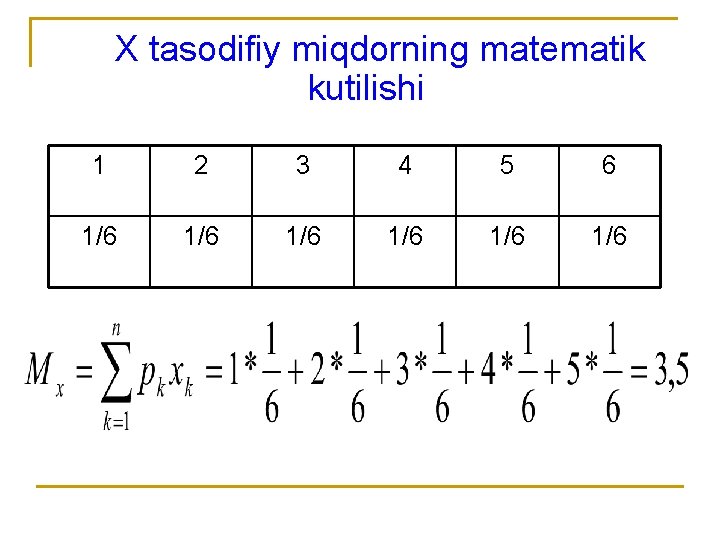  X tasodifiy miqdorning matematik kutilishi 1 2 3 4 5 6 1/6 1/6