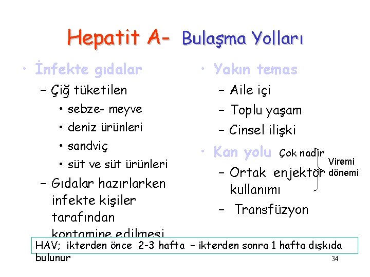 Hepatit A- Bulaşma Yolları • İnfekte gıdalar • Yakın temas – Çiğ tüketilen –