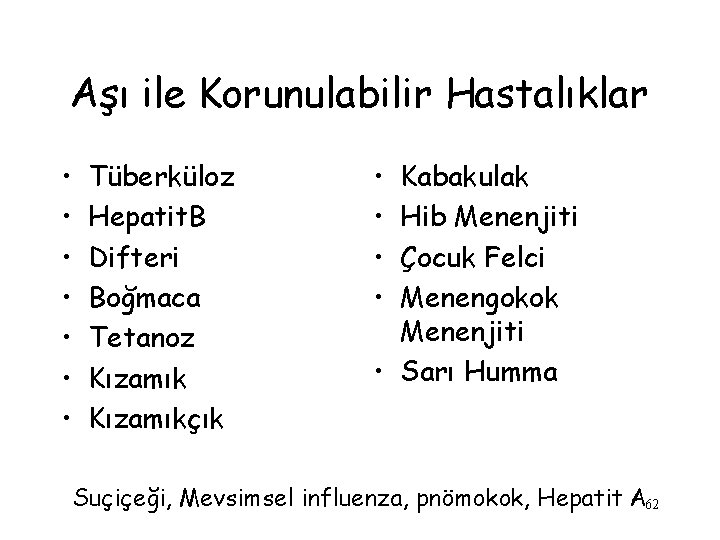 Aşı ile Korunulabilir Hastalıklar • • Tüberküloz Hepatit. B Difteri Boğmaca Tetanoz Kızamıkçık •