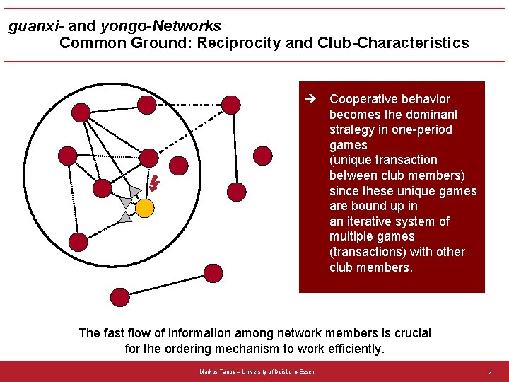 guanxi- and yongo-Networks Common Ground: Reciprocity and Club-Characteristics è Cooperative behavior becomes the dominant