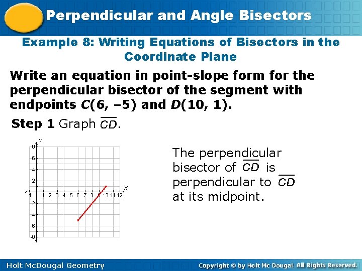 Perpendicular and Angle Bisectors Example 8: Writing Equations of Bisectors in the Coordinate Plane
