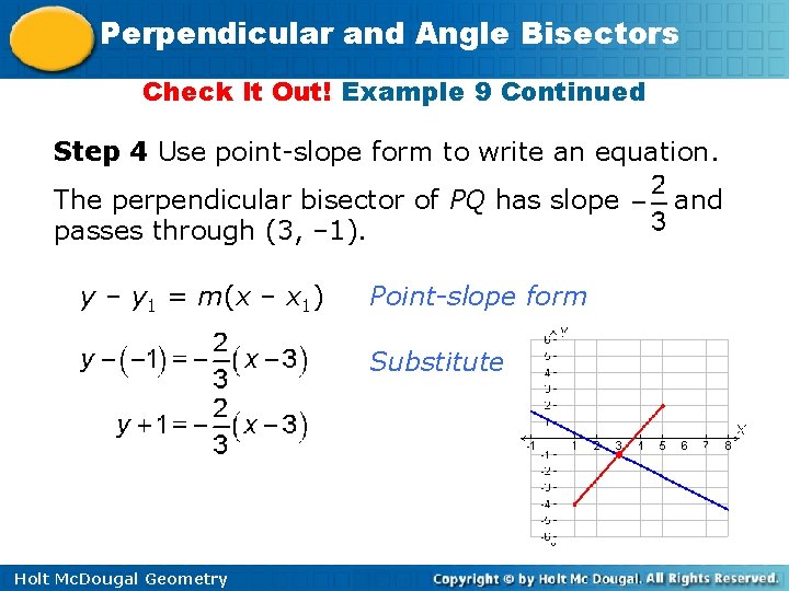 Perpendicular and Angle Bisectors Check It Out! Example 9 Continued Step 4 Use point-slope