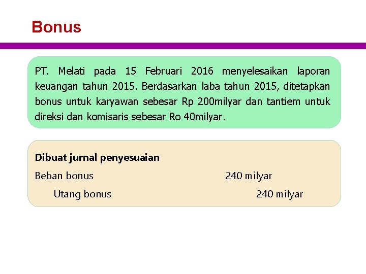 Bonus PT. Melati pada 15 Februari 2016 menyelesaikan laporan keuangan tahun 2015. Berdasarkan laba