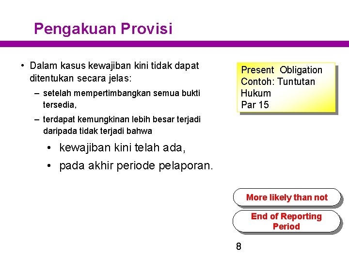 Pengakuan Provisi • Dalam kasus kewajiban kini tidak dapat ditentukan secara jelas: – setelah