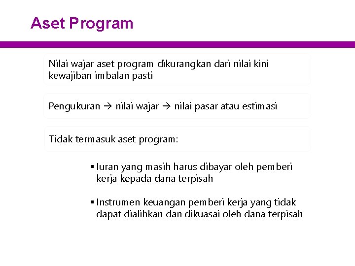 Aset Program Nilai wajar aset program dikurangkan dari nilai kini kewajiban imbalan pasti Pengukuran