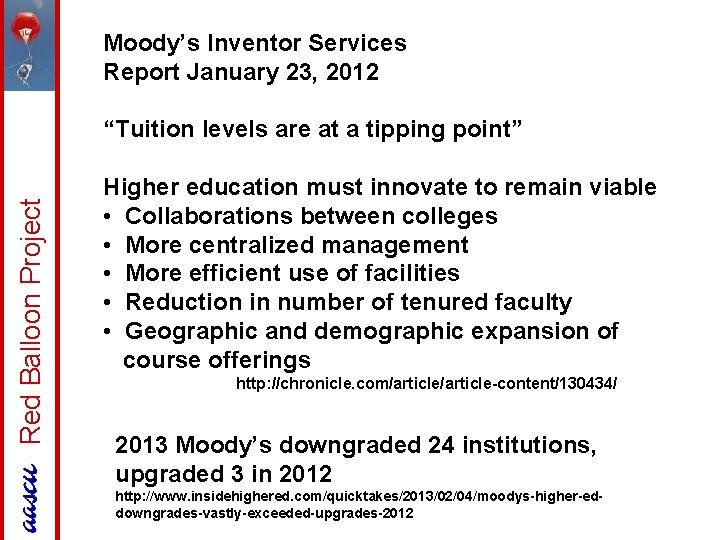 Moody’s Inventor Services Report January 23, 2012 Red Balloon Project “Tuition levels are at