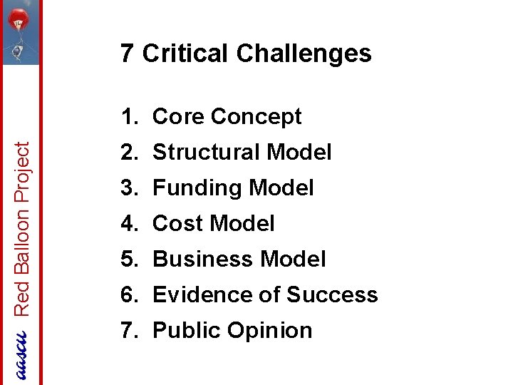 7 Critical Challenges Red Balloon Project 1. Core Concept 2. Structural Model 3. Funding