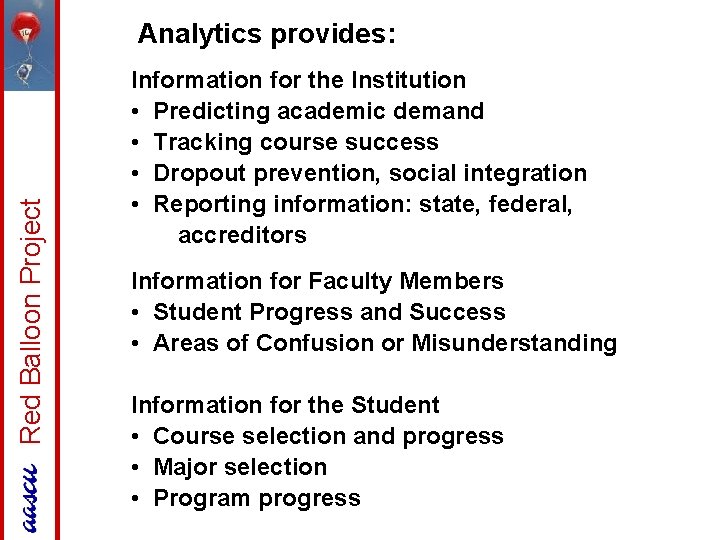 Red Balloon Project Analytics provides: Information for the Institution • Predicting academic demand •