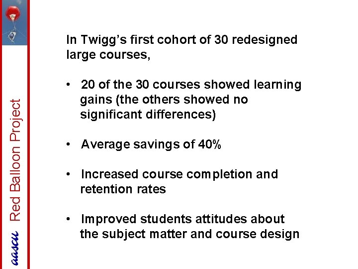 Red Balloon Project In Twigg’s first cohort of 30 redesigned large courses, • 20