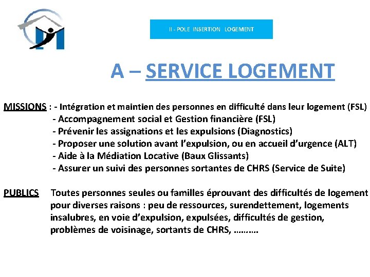 II - POLE INSERTION LOGEMENT A – SERVICE LOGEMENT MISSIONS : - Intégration et