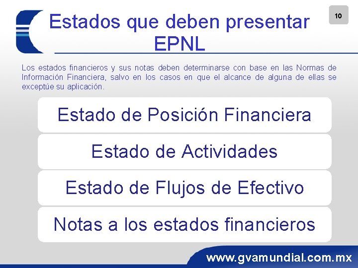 Estados que deben presentar EPNL 10 Los estados financieros y sus notas deben determinarse