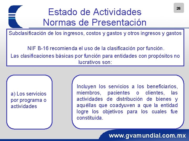 Estado de Actividades Normas de Presentación 26 Subclasificación de los ingresos, costos y gastos