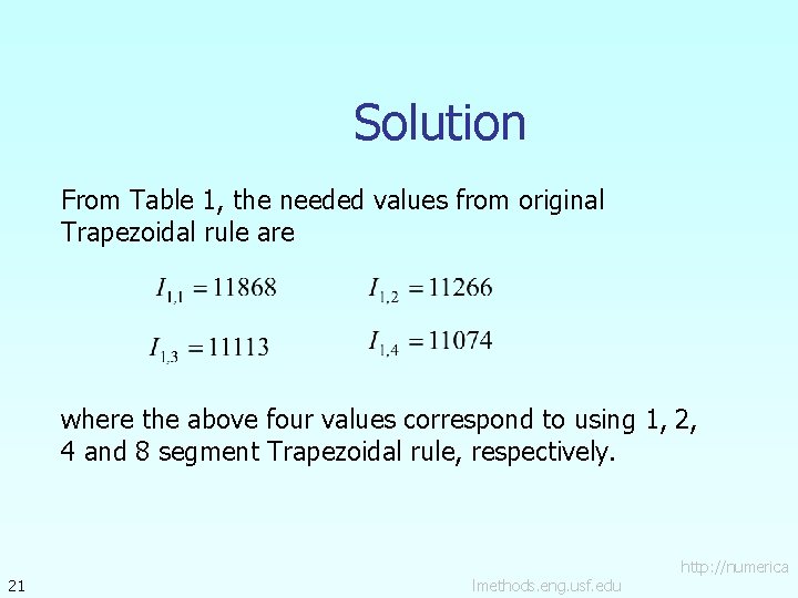 Solution From Table 1, the needed values from original Trapezoidal rule are where the