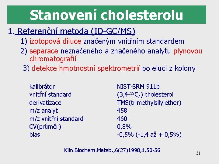 Stanovení cholesterolu 1. Referenční metoda (ID-GC/MS) 1) izotopová diluce značeným vnitřním standardem 2) separace