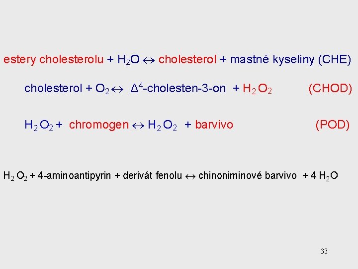 estery cholesterolu + H 2 O cholesterol + mastné kyseliny (CHE) cholesterol + O