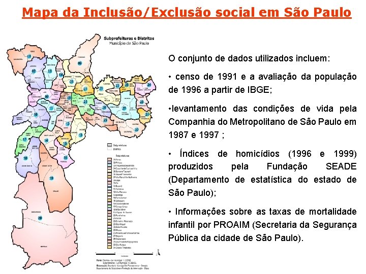 Mapa da Inclusão/Exclusão social em São Paulo O conjunto de dados utilizados incluem: •