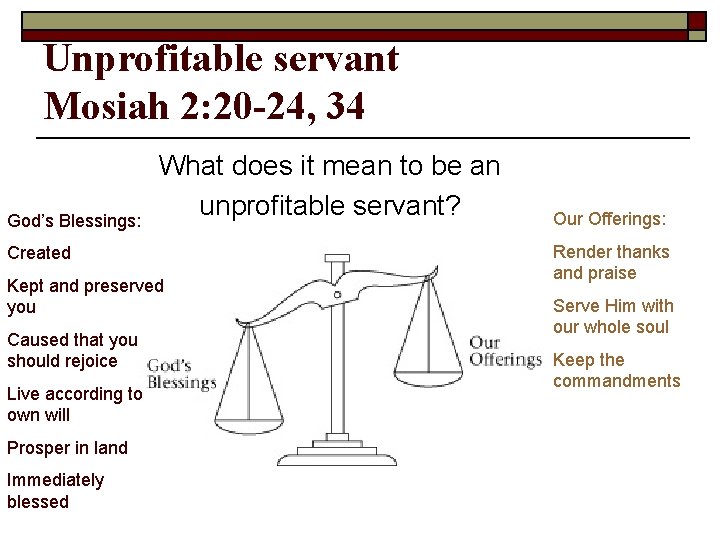 Unprofitable servant Mosiah 2: 20 -24, 34 God’s Blessings: What does it mean to