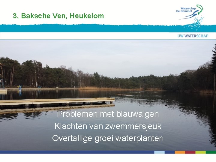 3. Baksche Ven, Heukelom Problemen met blauwalgen Klachten van zwemmersjeuk Overtallige groei waterplanten 