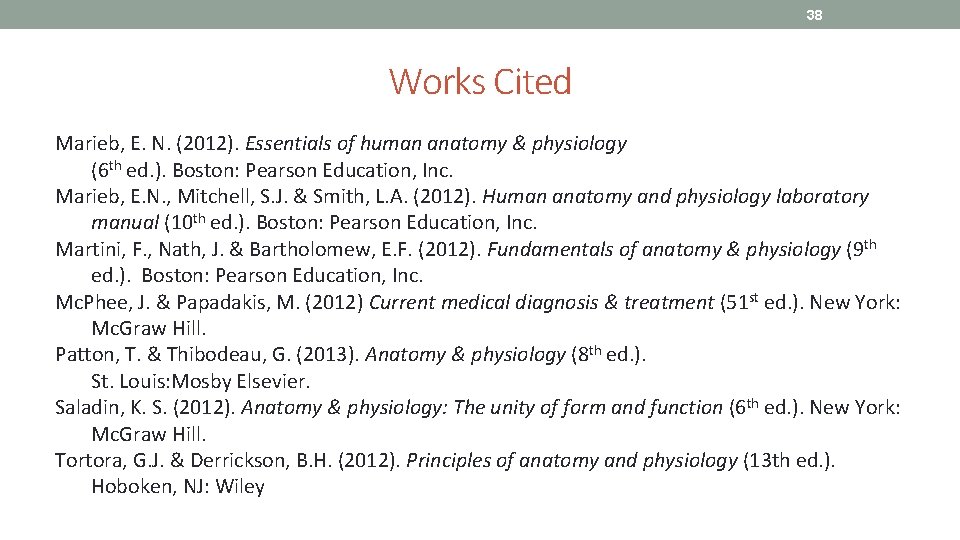 38 Works Cited Marieb, E. N. (2012). Essentials of human anatomy & physiology (6