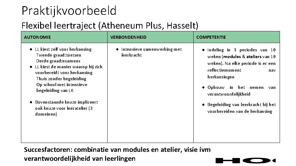 Praktijkvoorbeeld Flexibel leertraject (Atheneum Plus, Hasselt) AUTONOMIE ● LL kiest zelf voor herkansing Tweede