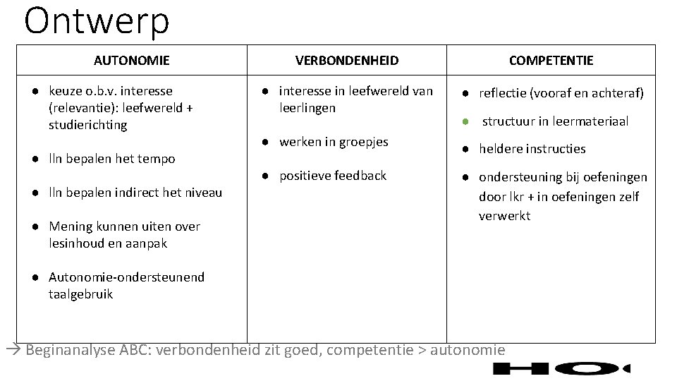 Ontwerp AUTONOMIE ● keuze o. b. v. interesse (relevantie): leefwereld + studierichting ● lln