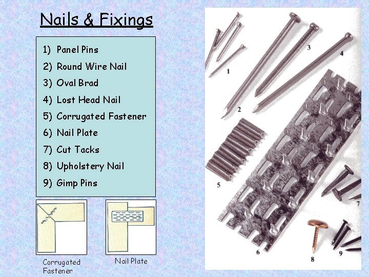 Nails & Fixings 1) Panel Pins 2) Round Wire Nail 3) Oval Brad 4)
