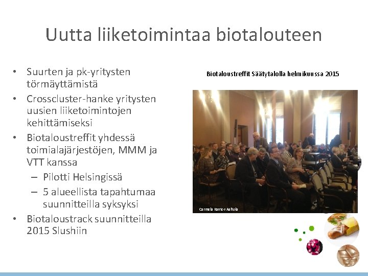 Uutta liiketoimintaa biotalouteen • Suurten ja pk-yritysten törmäyttämistä • Crosscluster-hanke yritysten uusien liiketoimintojen kehittämiseksi Uutta liiketoimintaa biotalouteen • Suurten ja pk-yritysten törmäyttämistä • Crosscluster-hanke yritysten uusien liiketoimintojen kehittämiseksi