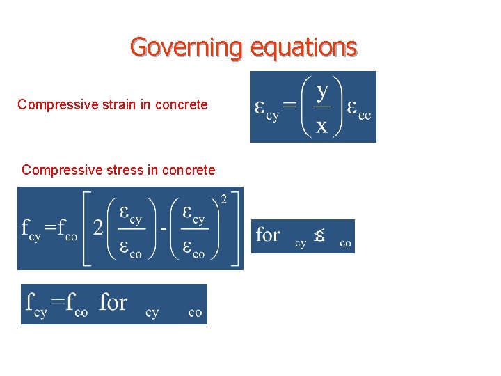 Governing equations Compressive strain in concrete Compressive stress in concrete 