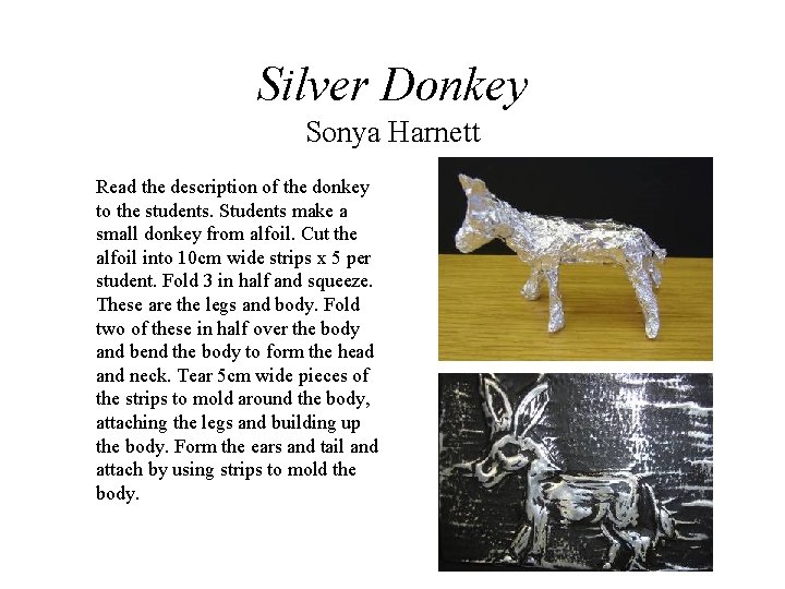 Silver Donkey Sonya Harnett Read the description of the donkey to the students. Students