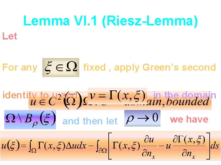 Lemma VI. 1 (Riesz-Lemma) Let For any fixed , apply Green’s second identity to