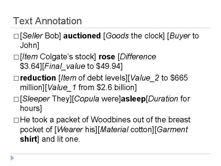 Text Annotation � [Seller Bob] auctioned [Goods the clock] [Buyer to John] � [Item